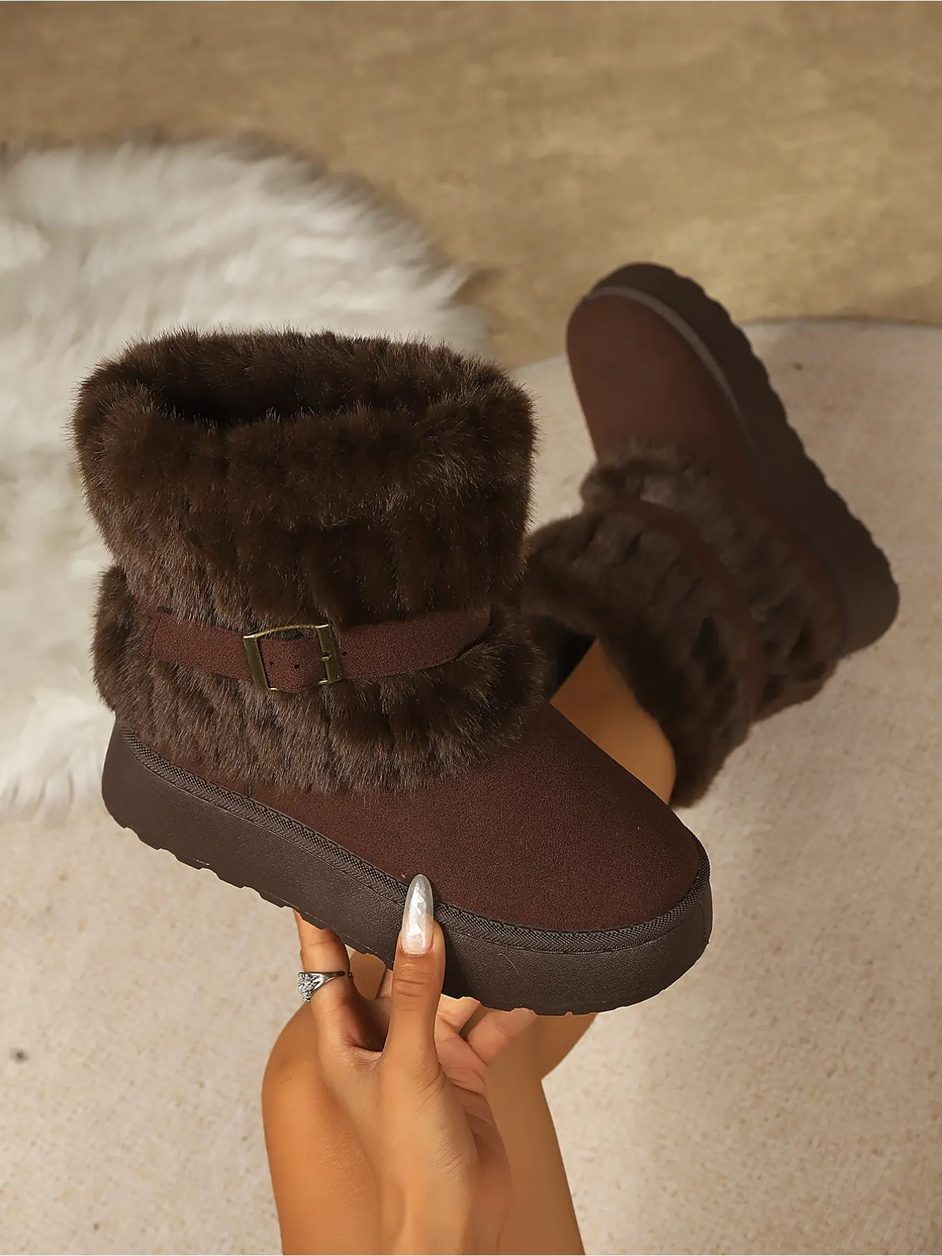 Women's Winter Platform Furry Snow Boots, Buckle Decor Warm Fleece‑Lined Mid‑Calf Cotton Boots