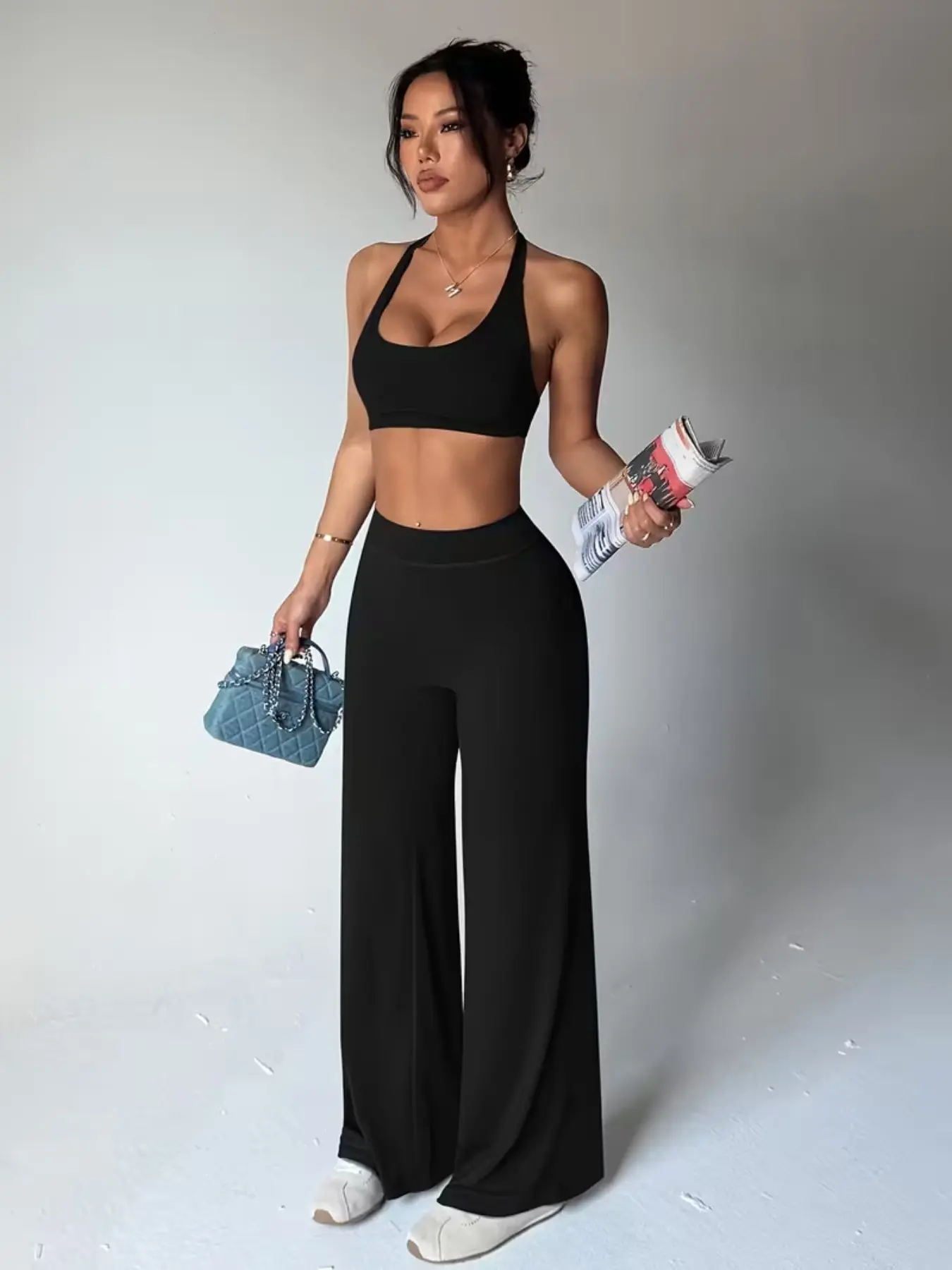 Women's Sports Bra and High-Waisted Flared Trousers Set with Detachable Chest Padding Comfortable Knit Activewear Fitness Wear All Seasons Slim Fit Sleeveless Top and Ankle-Length Pants for Daily Casual and Yoga Gym Yoga Outfits Activewear Workout Set