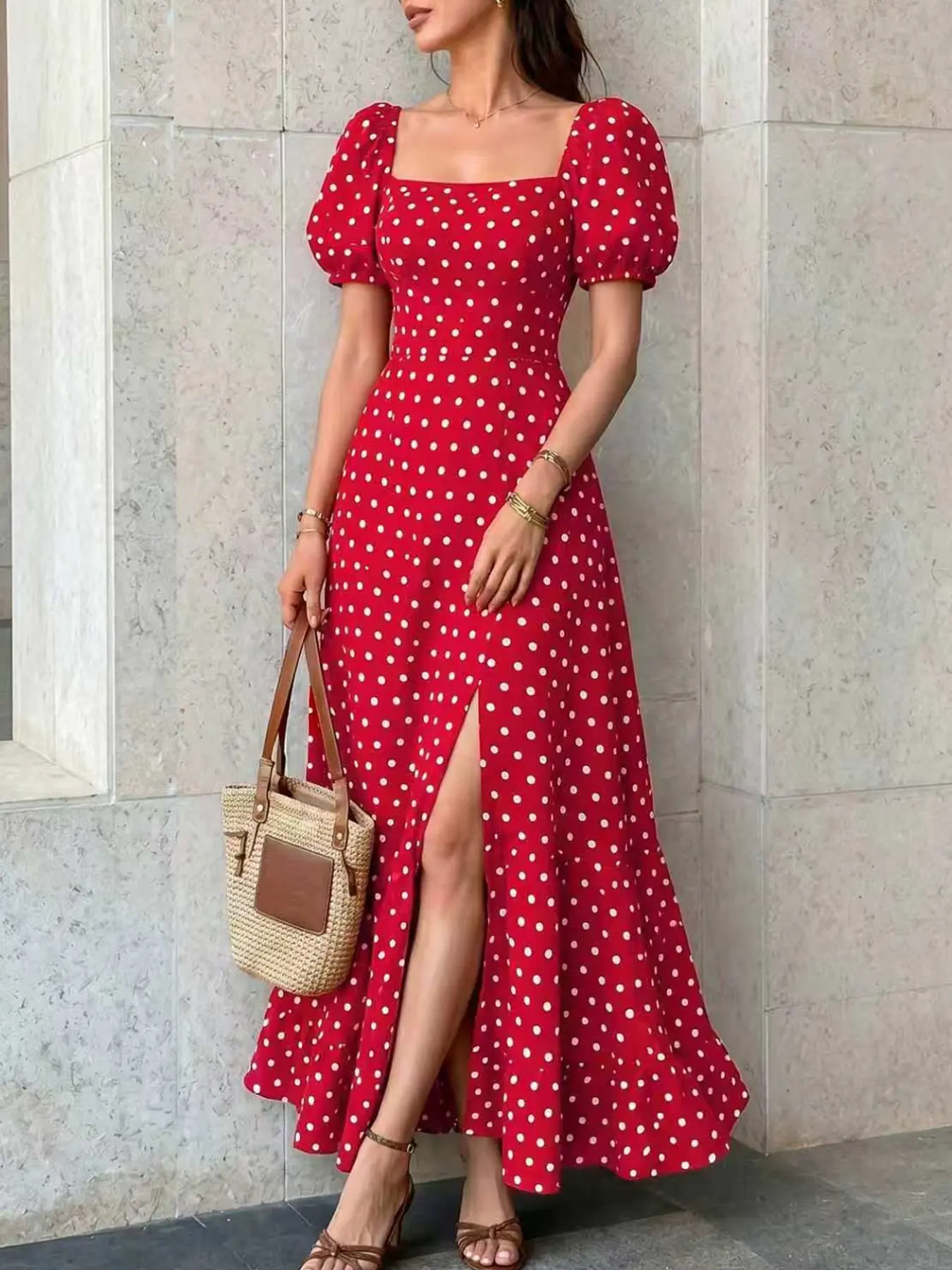 Women's Summer Fashion Boho Beach Sundress Square Neck Elegant Chic Short Sleeve Polka Dot Print Dress, Fitted Slimming Vacation Party Holiday Dress, Chic Beach Wear