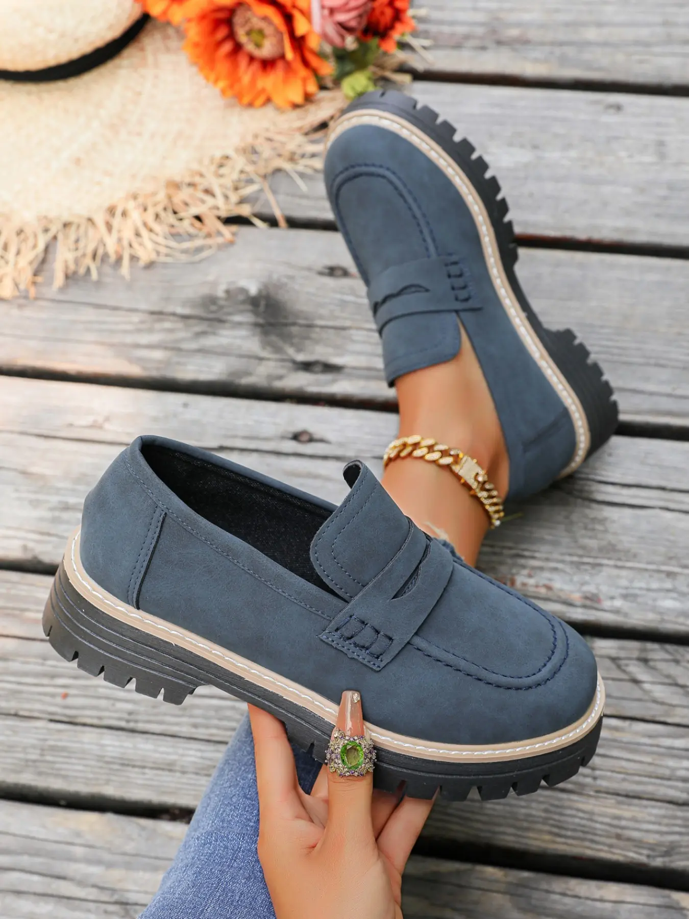 Durable Chunky Heel Loafers for Women, Multi-Color Vintage Suede Slip-On Shoes, Campus Shopping Casual Thick Sole Footwear