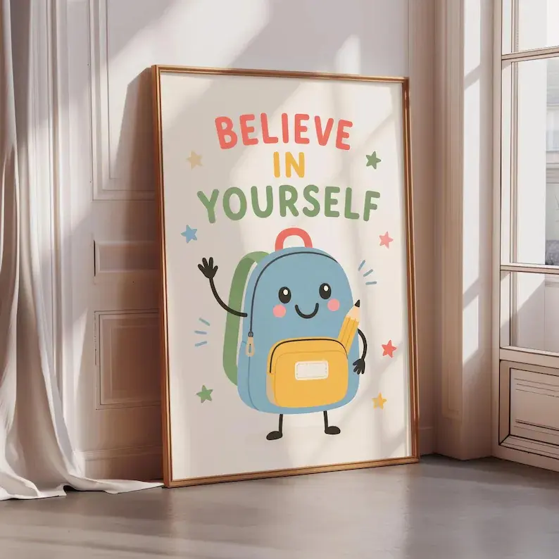 Believe in Yourself Kids Wall Art, Cute Backpack Classroom Poster, Motivational School Decor for Playroom Nursery
