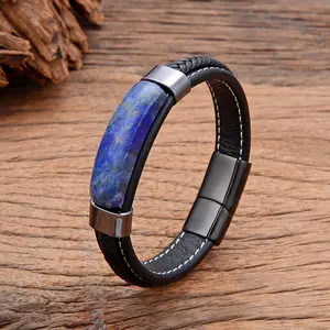 Natural Hematite Pink Crystal Tiger Eye Stone Bracelets Men's  Jewelry Braided Leather Handmade Male Bangles New In