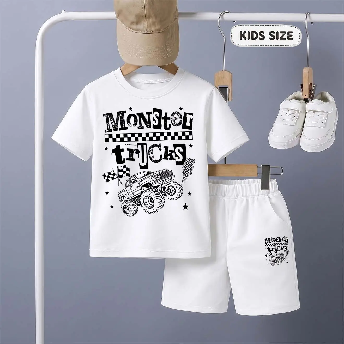Kids’ "Monster Trucks Design Cartoon Print Short-Sleeve T-Shirt And Shorts Set—Casual Summer Kids' Clothing. This Round-Neck Outfit Combination Is Perfect For Everyday Wear And Outdoor Play.