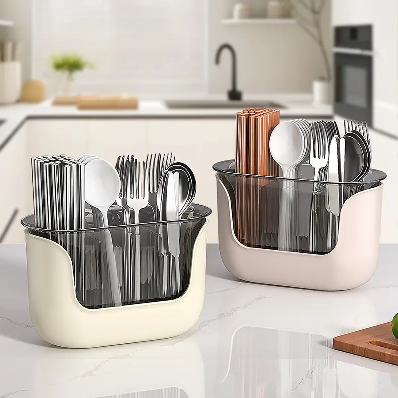 Chopsticks Holder and Cutlery Organizer - Kitchen Countertop Draining Storage Rack with Dividers for Utensils and Spoons