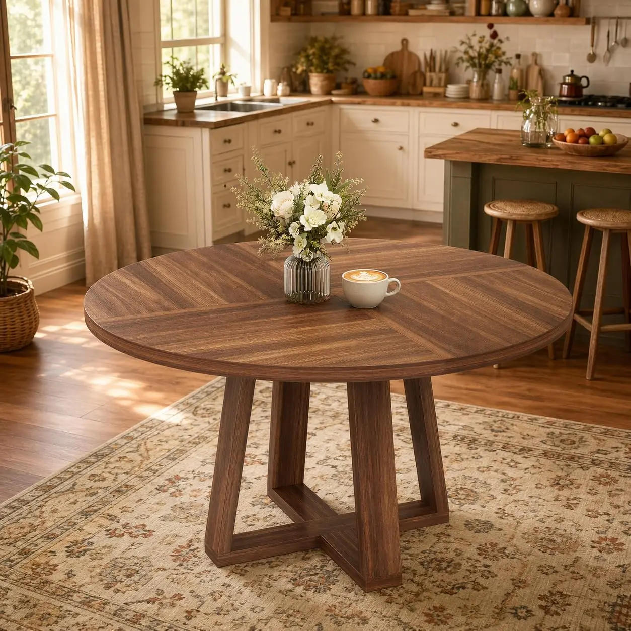 47" Round Dining Table for 4-6 People, Modern Circular Kitchen Table With Solid Wood Cross Pedestal Base, Finish Casual Dinner Furniture For Kitchen, Dining Room & Living Room (Table Only)