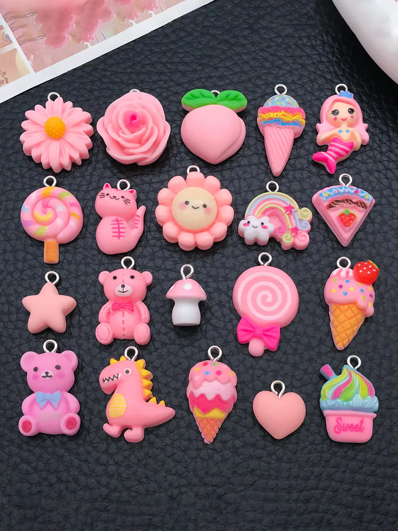 20pcs Mix Pink Resin Charms Decorative Charm Cute Fruit Teddy Bear Lollipop Flower Pendants for DIY Earrings Necklace Bag Accessories Crafts