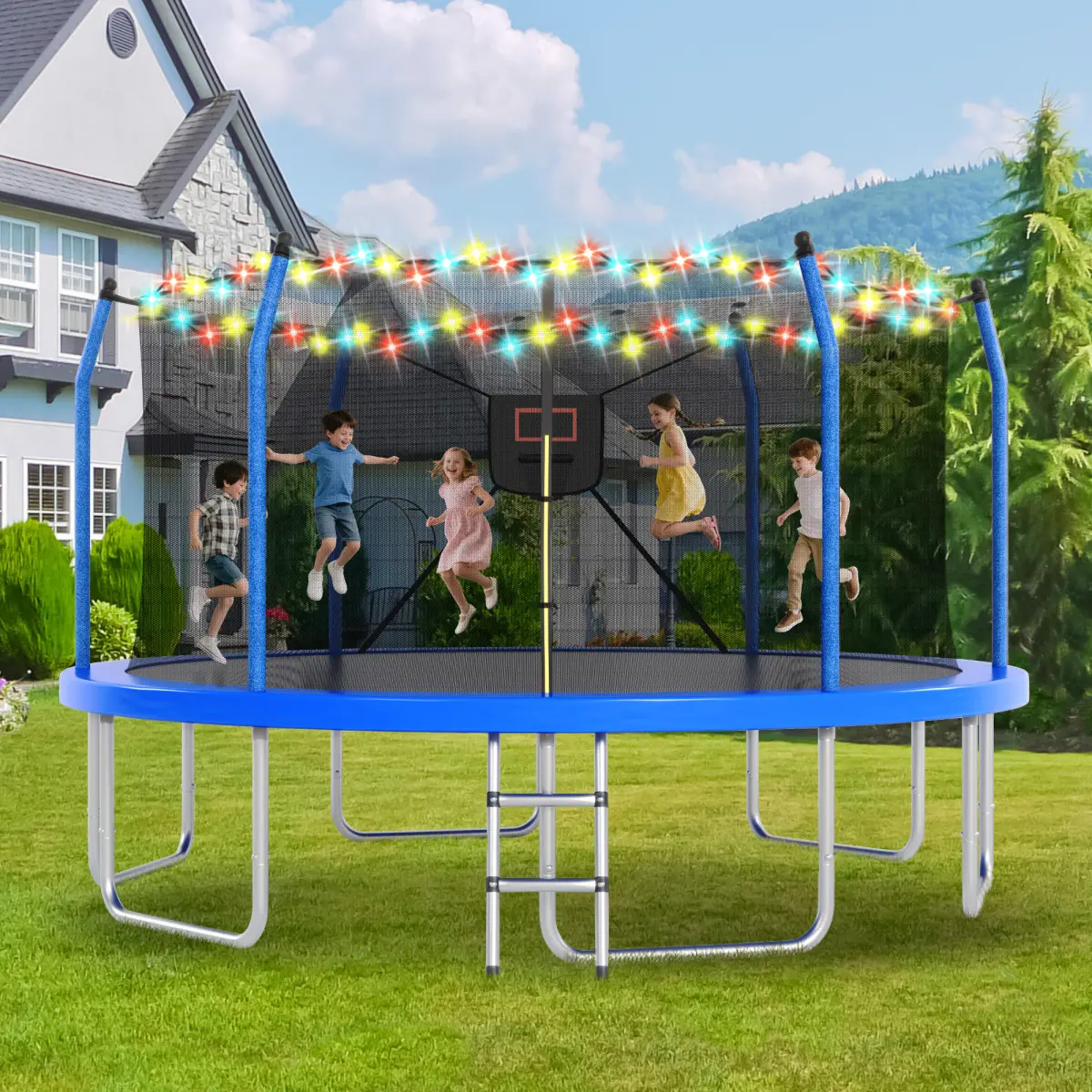 Aobtkel16FT Trampoline with Lights and Basketball Hoop, Outdoor Recreational 16" Trampoine for Kids and Adults