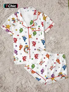 Fun Retro Cartoon & Rainbow Unicorn Pajama Set for Women | Cute Novelty Graphic Button Up Sleepwear | Soft 2-Piece Short Sleeve Summer Lounge Set | Aesthetic Sleepover PJs | Cozy Everyday Quirky Home Outfit