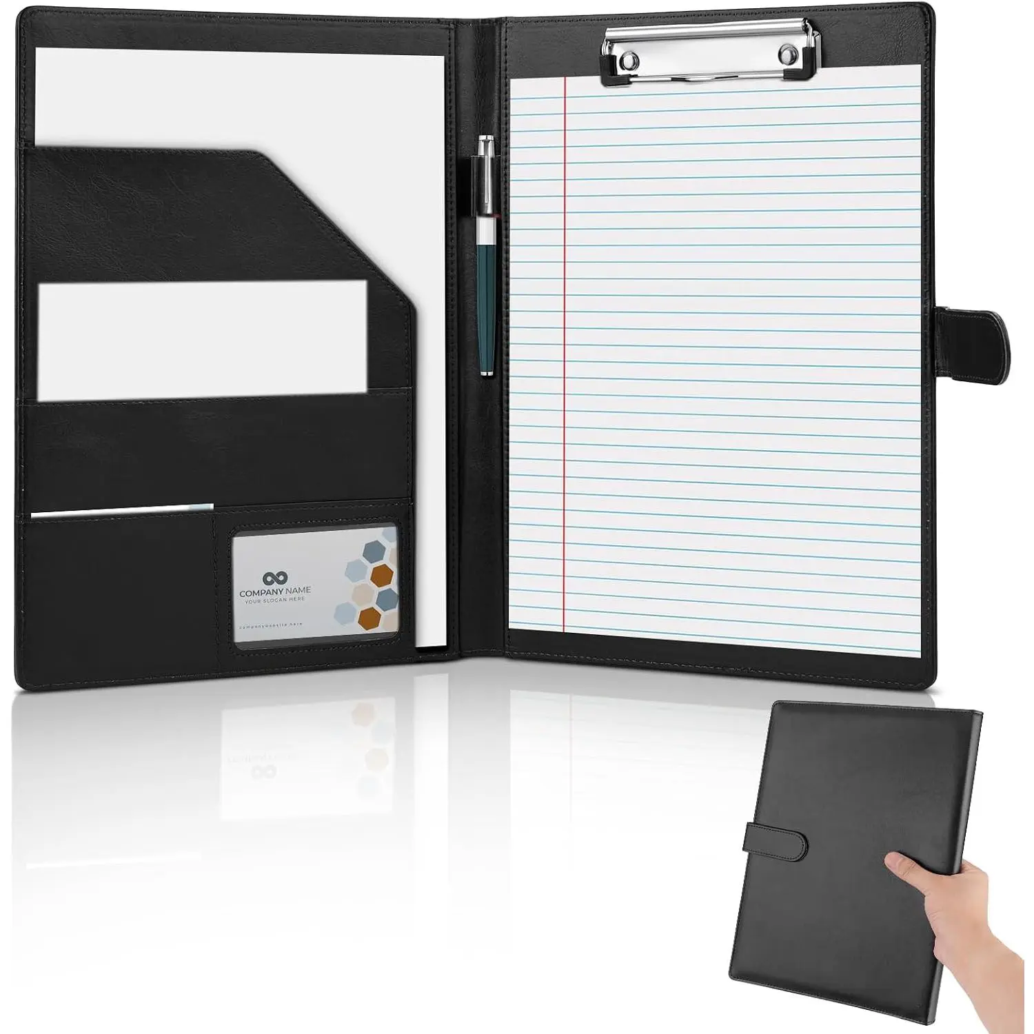 Professional Padfolio,Black Faux Leather Portfolio Binder | Includes clipboard,business card holder and document storage for office,conference,interviews,resume papers and business use