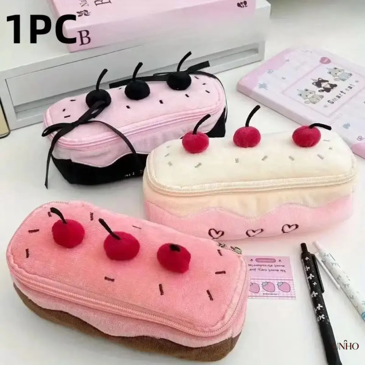 Cherry Cake Plush Texture Pencil Case, Multi Purpose Portable Storage Bag With Large Capacity, Cute Cartoon Organizer For Stationery Cosmetics Travel Desktop Office Daily Supplies