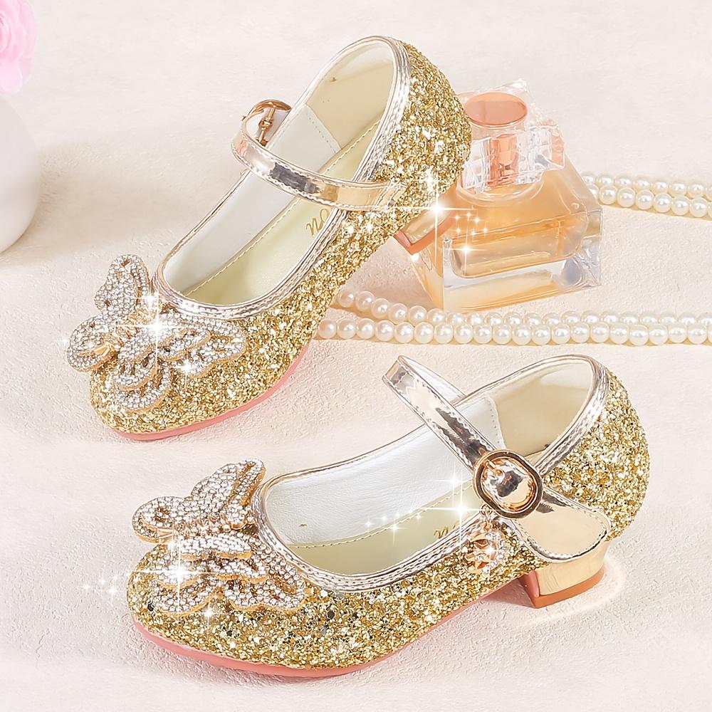 Girls' Princess Shoes with Rhinestone Flowers, New Autumn/Spring High Heel Golden Crystal Flat Shoes Children's Dress, Wedding, Banquet, Performance Princess Dress Shoes