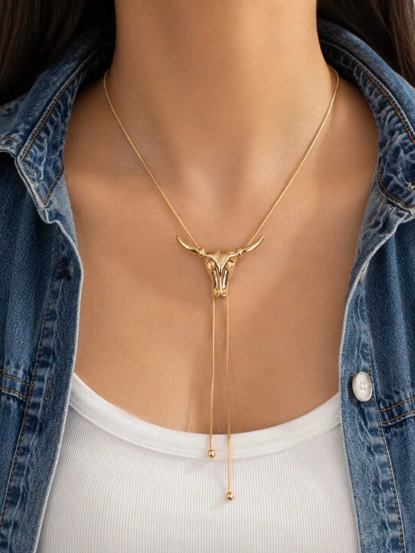 1PC Western Longhorn Bolo Necklace for Women, Gold Tone Alloy Adjustable Lariat Necklace, Adjustable Pendant Necklace, Chain Necklace, Cowgirl Statement Jewelry, Lariat Style Jewelry, Graduation Gift Bridesmaid Wedding Holiday Gift