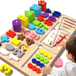 Wooden Multifunctional Intelligence Busy Board Toy, Geometric Peg Puzzle, Shape Sorter, Number Color Recognition, Montessori Educational Gift for Kids