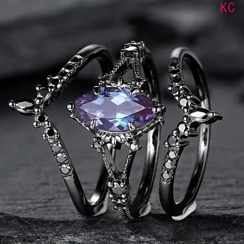 Women's 3-Pcs Gunmetal Vintage Amethyst-Inset Ring Set - Dark Warrior Style PVC Rings, Fashion Accessory with Multiple Uses for Everyday Wear
