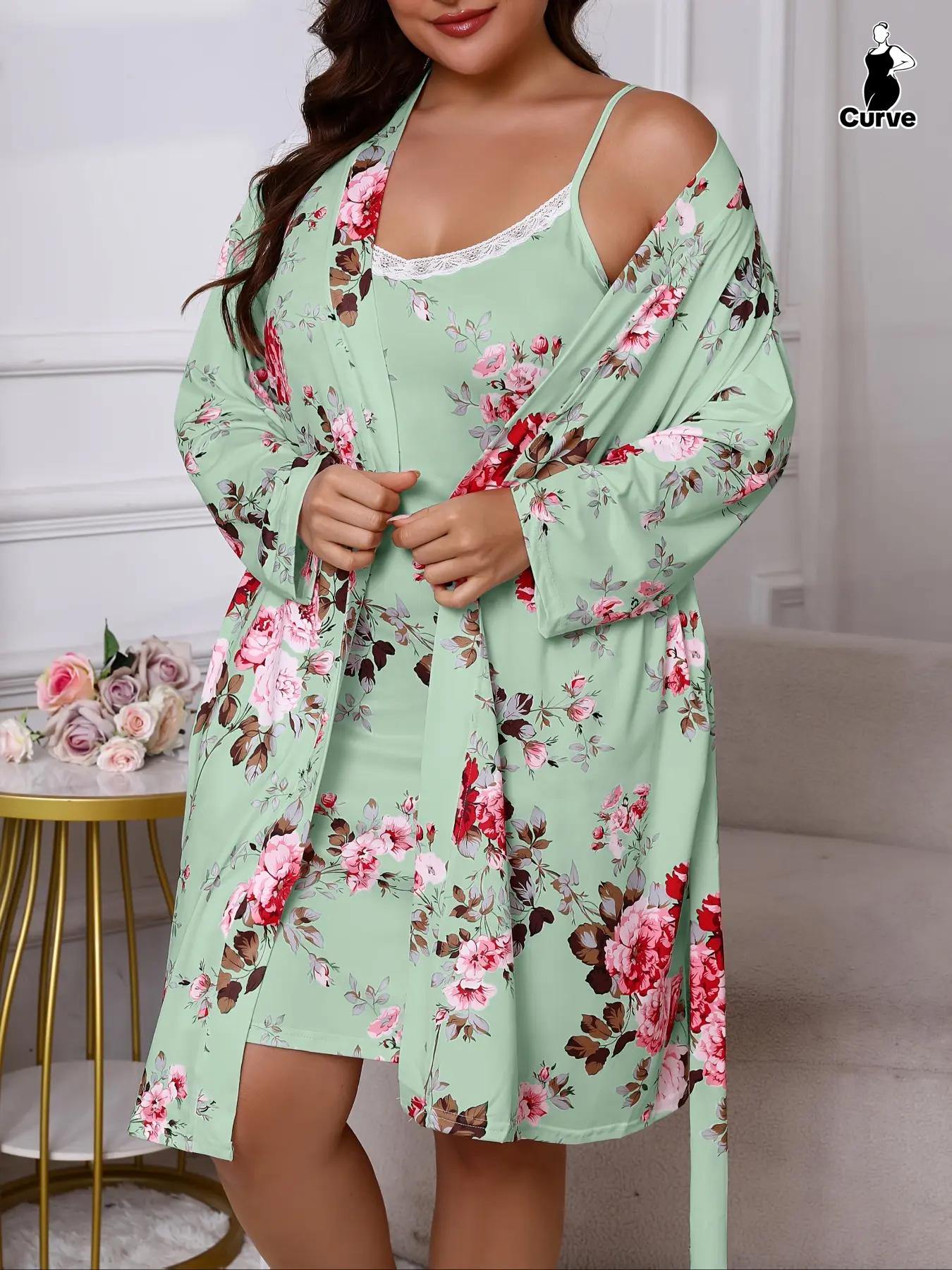 【Plus Size】 Floral Print Lace Trim Cami Nightdress & Open Front Long Sleeve Robe Two-piece Set, Casual Comfy Pyjama Set for Women, Women's Sleepwear for Spring & Fall
