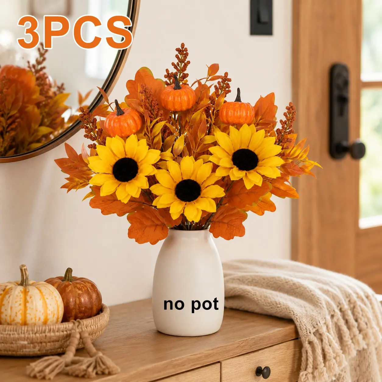 3PCS—Artificial Fall Sunflower Pumpkin Bouquet, Faux Autumn Flower Stem with Maple Leaves for Thanksgiving Decor, Farmhouse Vase Arrangement & DIY Centerpieces, Fake Flowers Decor