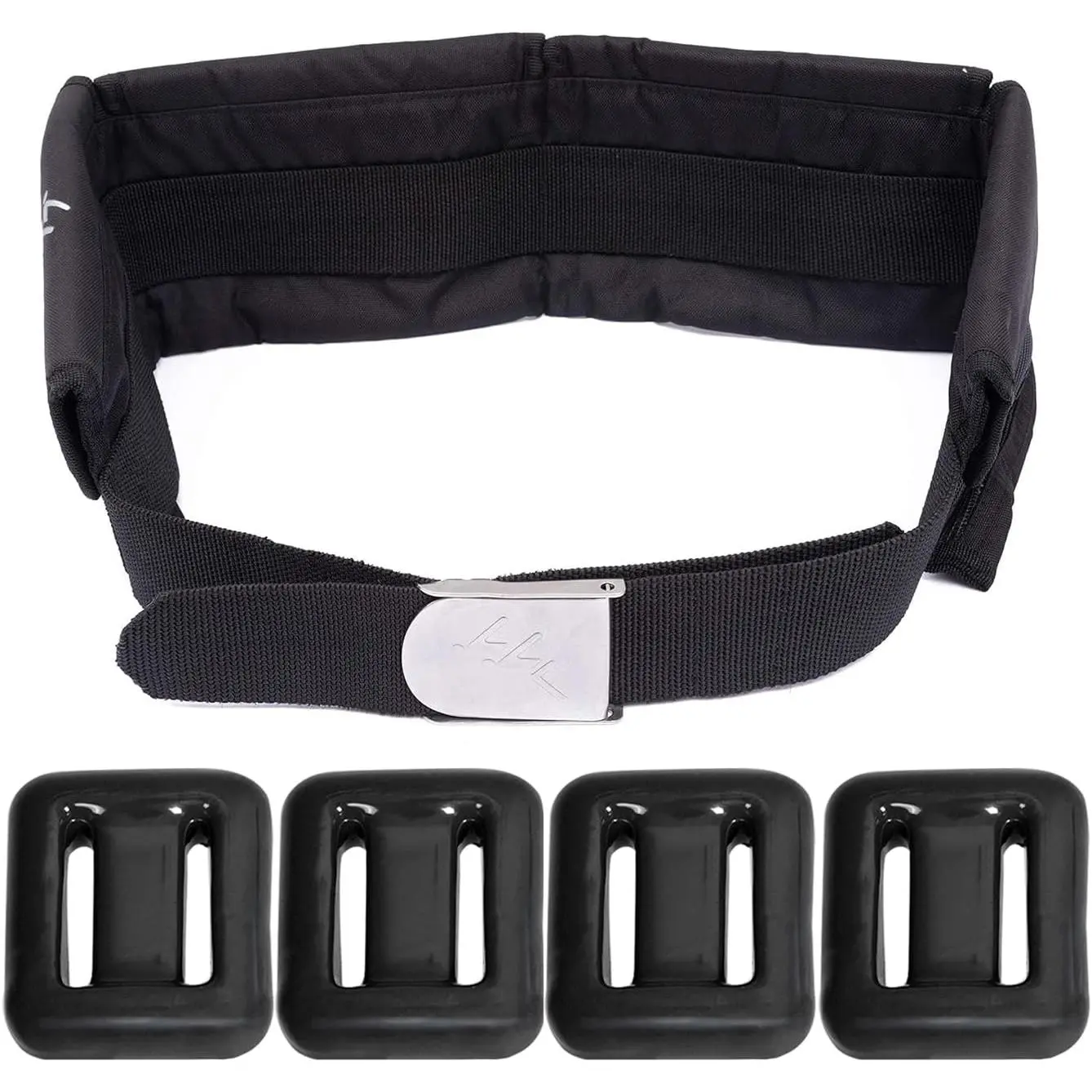 Vinyl Rubber-Coated Corrosion-Resistant Dive Weight Belt Set (Black, Compact, Easy-to-Carry) - 4 Rounded-Edge 1.1Lb/0.5Kg Weights, 4 Pockets, Quick Release Buckle, Waist-Fit 32"-52" for Freediver, Scuba Diving