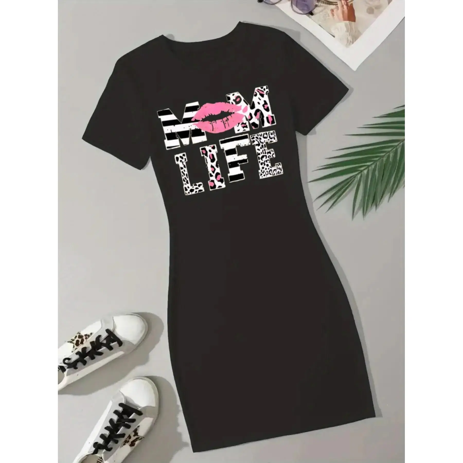 Women's Mom Life T-Shirt Dress - Short Sleeve A-Line Jumpsuit with Footprint & Lips Print, Pink/White Lettering, Elastic Waist-Free Fit, Machine Washable Maternity-Friendly Spring Summer Casual Outfit (No ) - Pink & White Dress