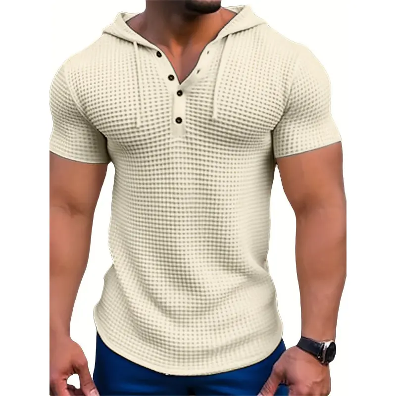 Men's Waffle Knit Hooded T-Shirt, Stylish Slim-Fit Short-Sleeve Pullover with Drawstring, Breathable Solid Color Top for Gym and Casual Wear