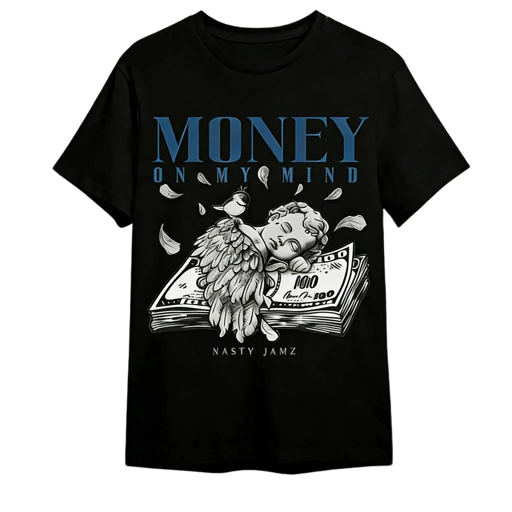 Oversized Unisex Polyester Short-Sleeve Casual T-Shirt - Money On My Mind Sleeping Cherub Dollar Bill Front Print, Grey Sketch Angel Graphic, Soft Everyday Fit Fabric, Hip Hop Vintage Street Style, Gift for Hustle Culture Lovers, T Shirts, Streetwear Clot