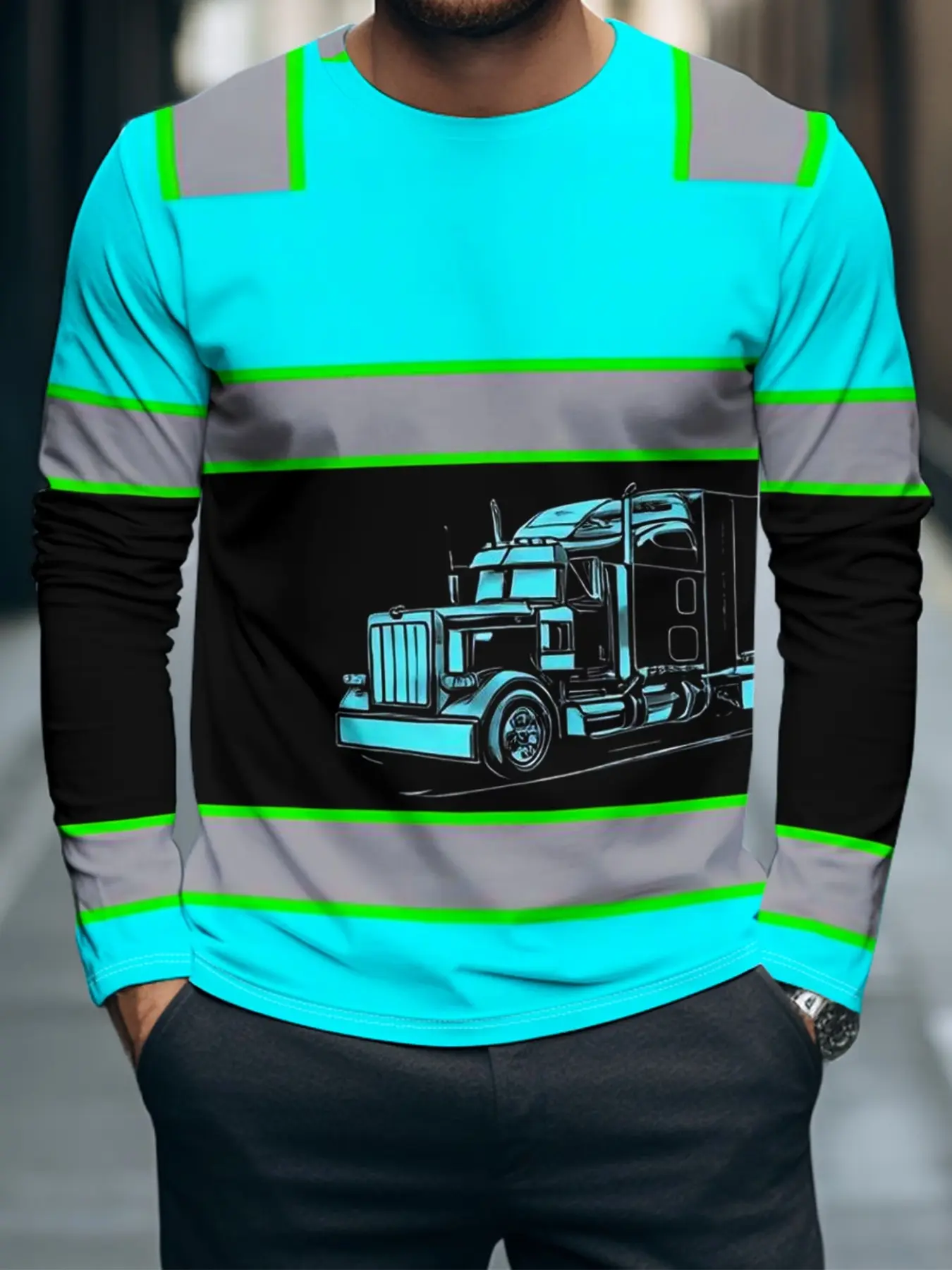 Men's Fluorescent Reflective Stripe Heavy Truck Print Long Sleeve T-Shirt, Casual Workwear Style, American Semi-Truck Color Block Stripes