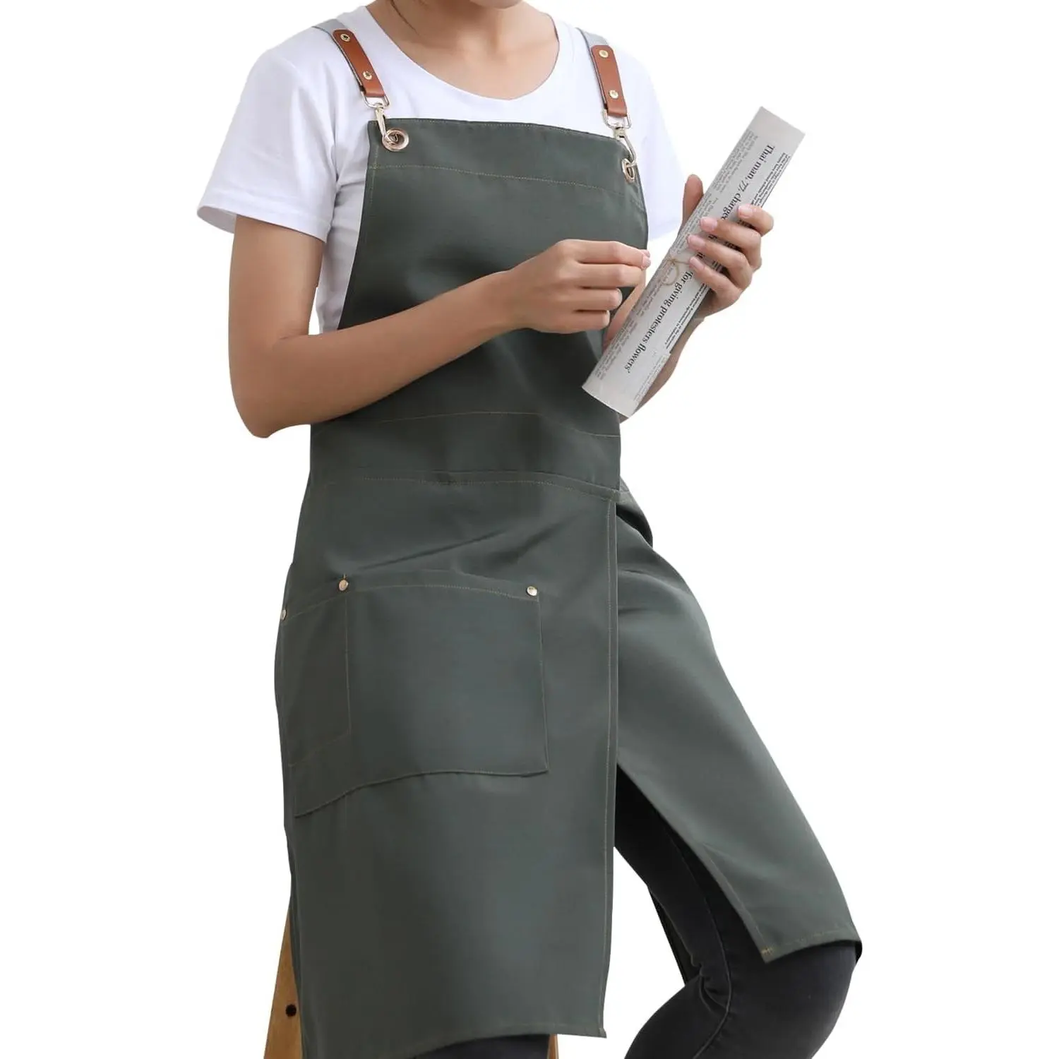 Pottery Apron Split Leg,Cross Back Chef Apron with Pockets,Painting Apron with Adjustable Straps for Cooking,Baking,BBQ,Ceramic,Gardening(Army green)