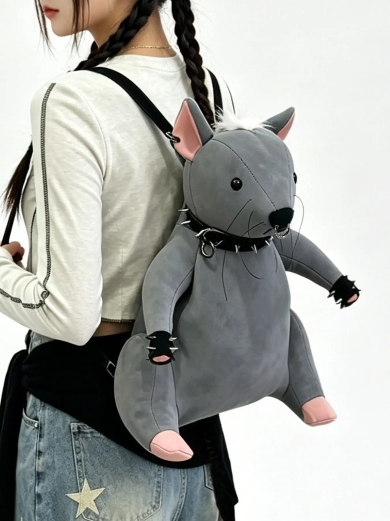 Punk Rivet Mouse Plush Backpack, Halloween Funny Large Mouse Backpack, Y2K Street Cool Women's Bag, American Vintage Aby Style, Cool Backpacks