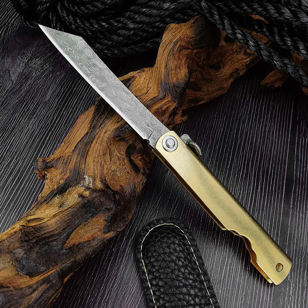 Pocket Folding Knife Damascus Steel Blade Multi-purpose Tools Outdoor Camping Knives with PU Leather Sheath