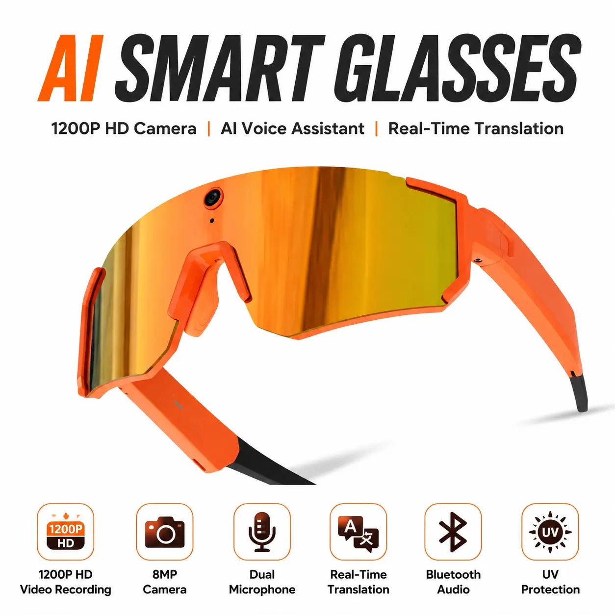 AI Smart Glasses with Camera – 1200P HD Video Recording Eyewear, 8MP Camera Glasses, Anti-Shake Photo & Video, AI Voice Assistant, Real-Time Translation, Dual Microphone, Bluetooth Audio, UV Protection, Hands-Free Wearable Tech for Travel, Sports & Daily