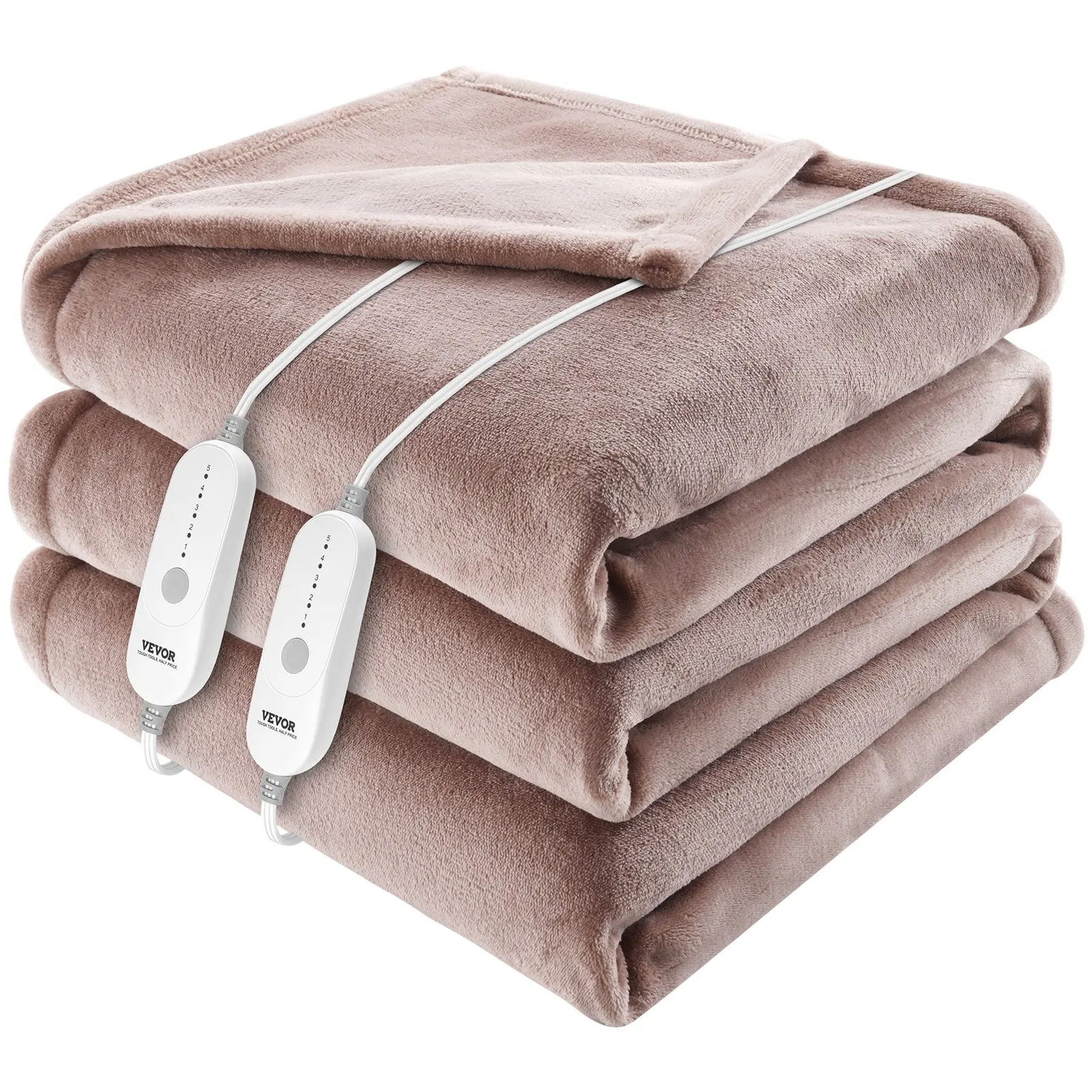 VEVOR Heatable Flannel Electric Throw Blanket, 100"x90" King Size, 5 Temperature Control Levels, Dual Control, 10-Hour Automatic Timer Auto-Off, Machine Washable, ETL FCC Certified (Beige)