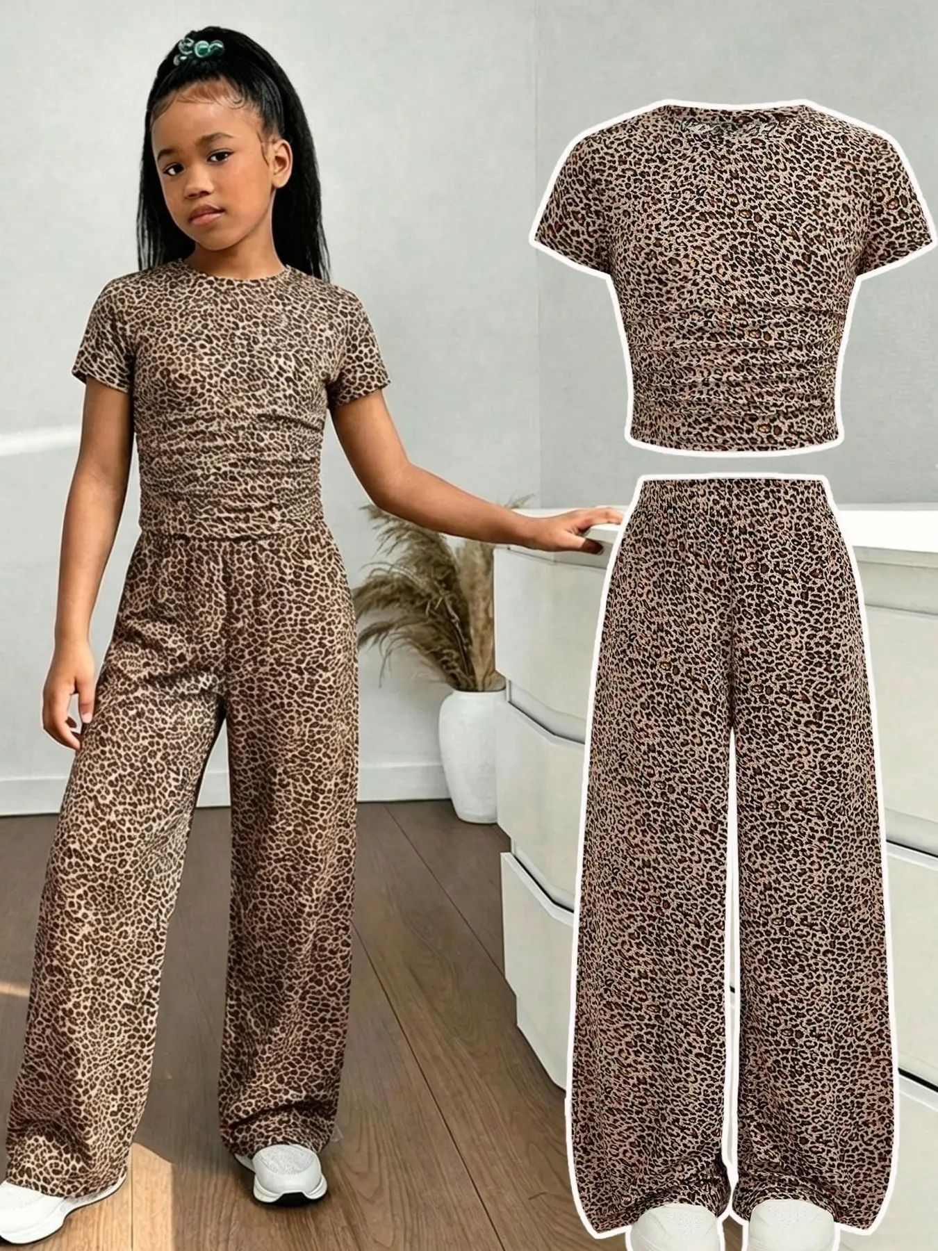 Girls' Fashion Set 2 Pieces, Vintage Leopard Print Two-Piece Set, Round Neck Short Sleeve Top + High Waist Wide Leg Pants, Everyday Casual Streetwear, Clothes