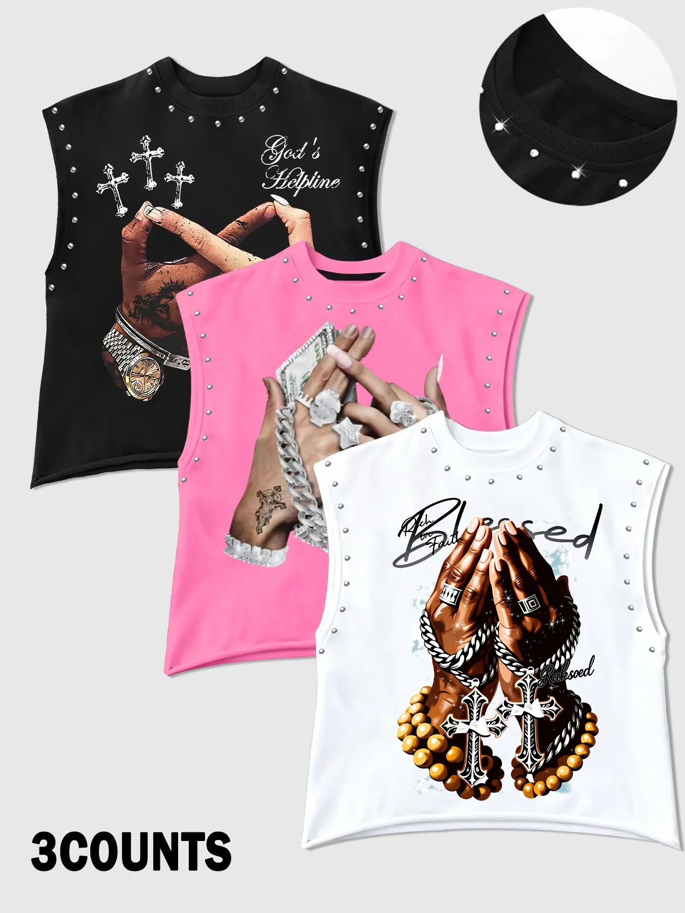 Men's Casual 3-Piece Tank Top Set, Prayer Hands & Cross Print, Comfortable Fit, Ideal for Home, Outdoor and Social Gatherings