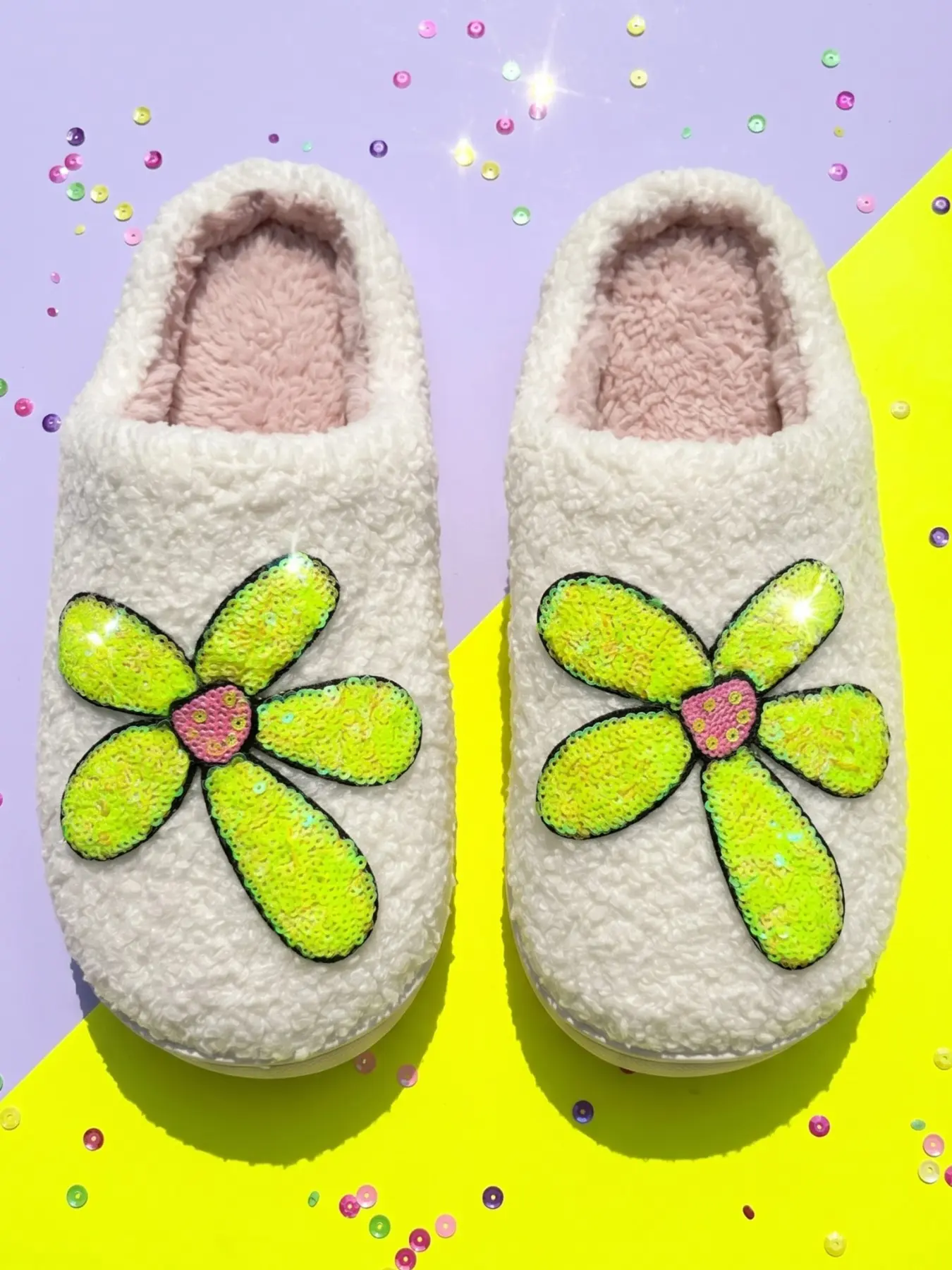 Women's Glitter Sequin Flower Appliqué Teddy Fleece Closed Toe Slippers, Fluffy Plush Lined Warm Winter Indoor House Slides, Non-Slip Soft Sole Bedroom Home Shoes, Lovely Floral Design Lady Daily Indoor Footwear, Decor