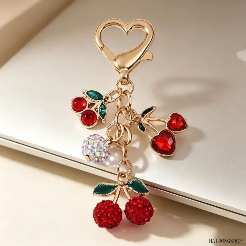 Coquette Sparkly Rhinestone Inlaid Cherry Bag Charm, Dainty Glitter Fruit Car Keychain Pendant, Sweet Kawaii Holiday Mini Gift Accessory For Teen Girls Daily Handbag Casual Holiday Outfits,picture