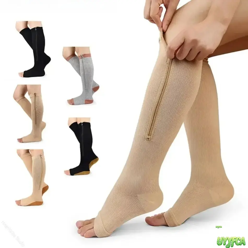 Women's 15-20mmHg Polyester Knee-High Compression Socks, Side Zipper Open Toe, Ribbed Stretch Support Stockings, Varicose Vein Edema Relief Leg Care Hosiery, Easy-On Design for Long Flight, Workout