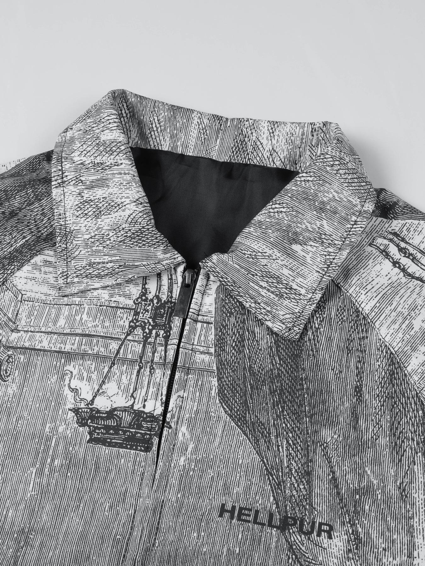 Men's Regular Fit Figure & Letter Print Pocket Zip Up Jacket, Casual Long Sleeve Collar Outerwear for Spring & Fall, Jackets for Men, Winter Clothing Men, Fashion Men's Clothes for Daily Wear Tops, Coat