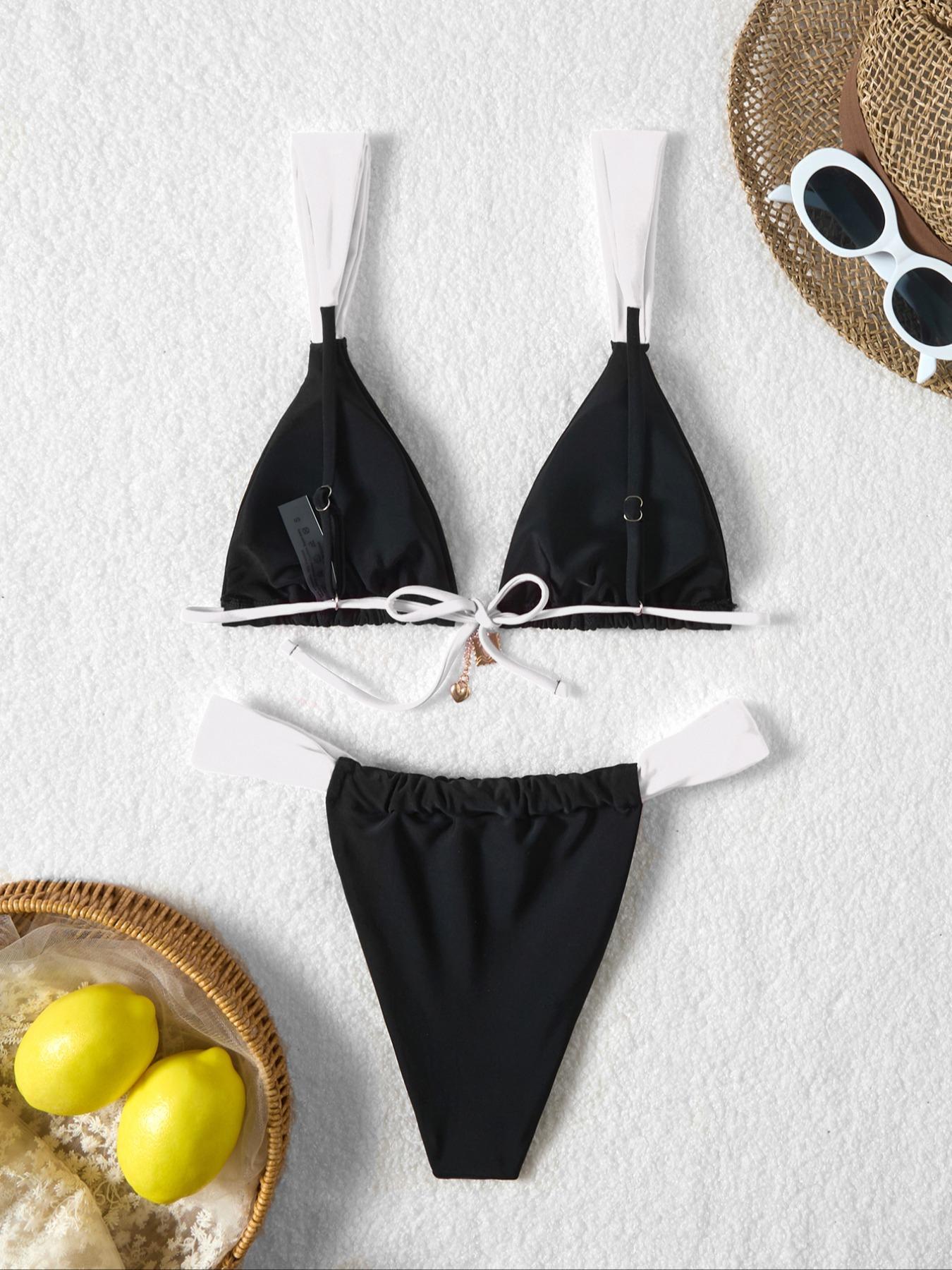 Two-Piece Set Women's Colorblock Bikini Set, Casual Fashion Chic Swimsuit Set for Beach Holiday Vacation, Ladies Swimwear for All Seasons, Triangle Bikini Top, Triangle Bathing Suit