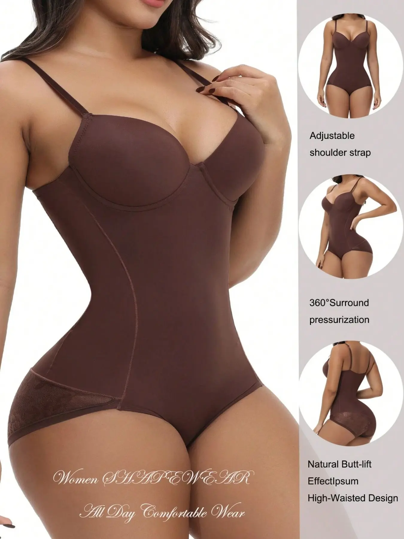 Women’s Full Body Shapewear Bodysuit with Molded Underwire Cups, Adjustable Spaghetti Straps, Firm Tummy Control, High-Waist Waistline Smoothing, Lace-Trim Brief Bottom, Everyday Supportive One-Piece
