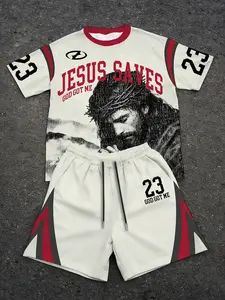 Men's Fashion Street Sportswear, Jesus Faith Creative Print Design, Patchwork Color T-Shirt and Shorts Set, Stylish Two-Piece