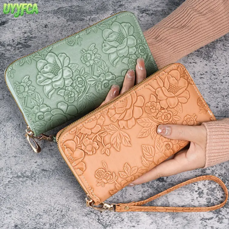 Women's Elegant Embossed Floral Wallet, High-Capacity PU Leather Clutch Purse with Wristlet Strap, Zip Around Phone & Card Organizer, Wallets, Casual, Chic