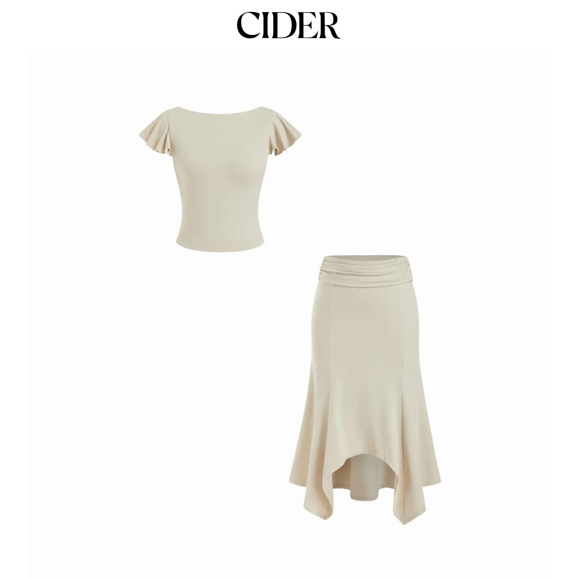 Cider Ruffled Sleeve Backless Crop Top & Low Rise Asymmetrical Hem Ruched Mermaid Maxi Skirt Set SohoChic