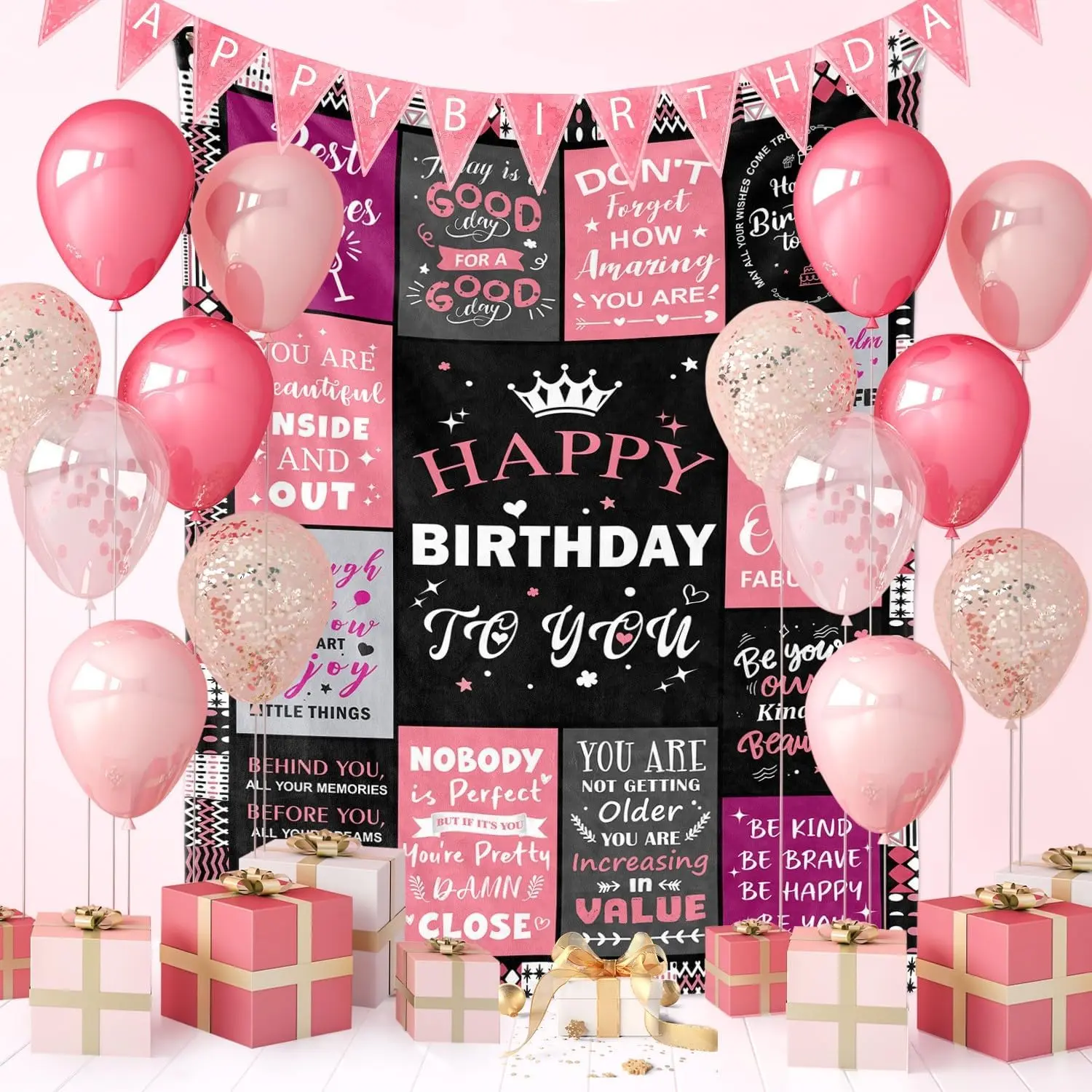 Women's Wrinkle-Free Geometric Textile Birthday Backdrop - Pink & Black Modern Classic Positive Quote Photo Booth Banner, Indoor Party Wall Decor (Textiles & Soft Furnishings)