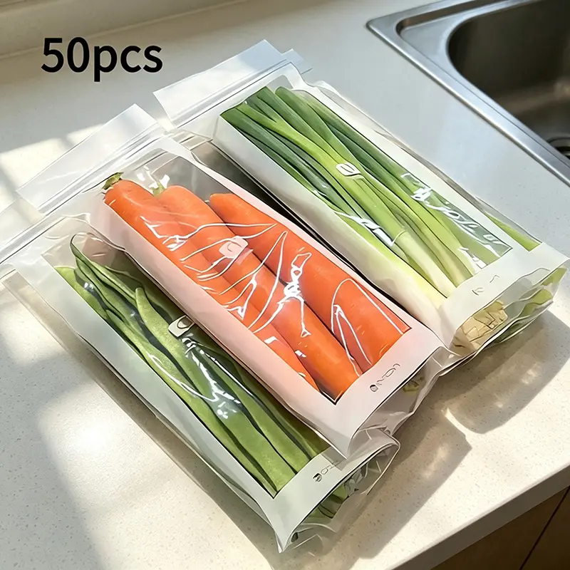 50pcs Grade PE Long Strip Storage Bags with Snap Buttons | Airtight Seal Kitchen Containers, Disposable Durable Transparent Kitchen Utensils for Fruits, Meat - Space-Saving for Refrigerator