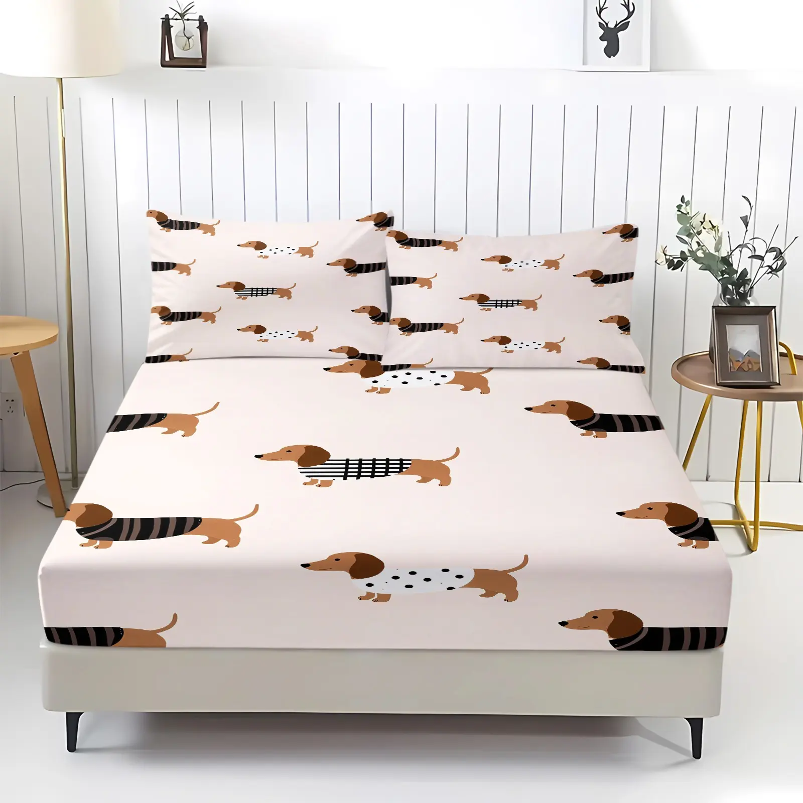 ute Simple Sausage Dog Pattern Fitted Sheet Set, 1 Fitted Sheet + 2 Pillowcases, Soft Breathable All Season Fabric, Light Cream Base With Fun Woof Letter Print, Fresh Decor Gift For Pet Fans