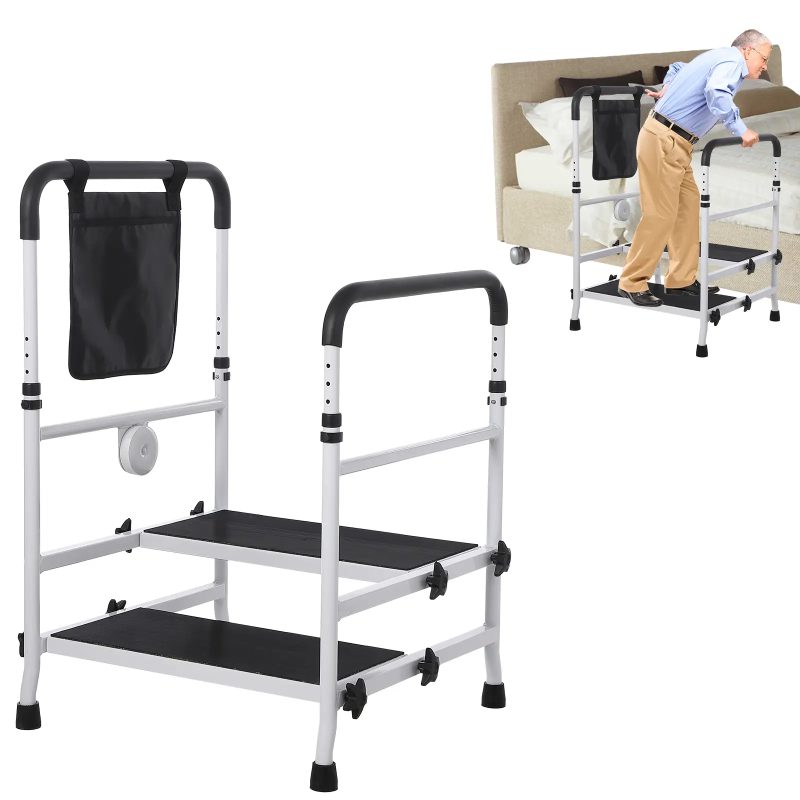 Adjustable Height Step Stool with Handle, 8.5-16.5 Inch Handrail, Non-Slip Platform, 450 Lbs Load Capacity, Easy Assembly Foot Stool for Elderly & Disabled, Ideal for Bedside Kitchen Car Bathtub