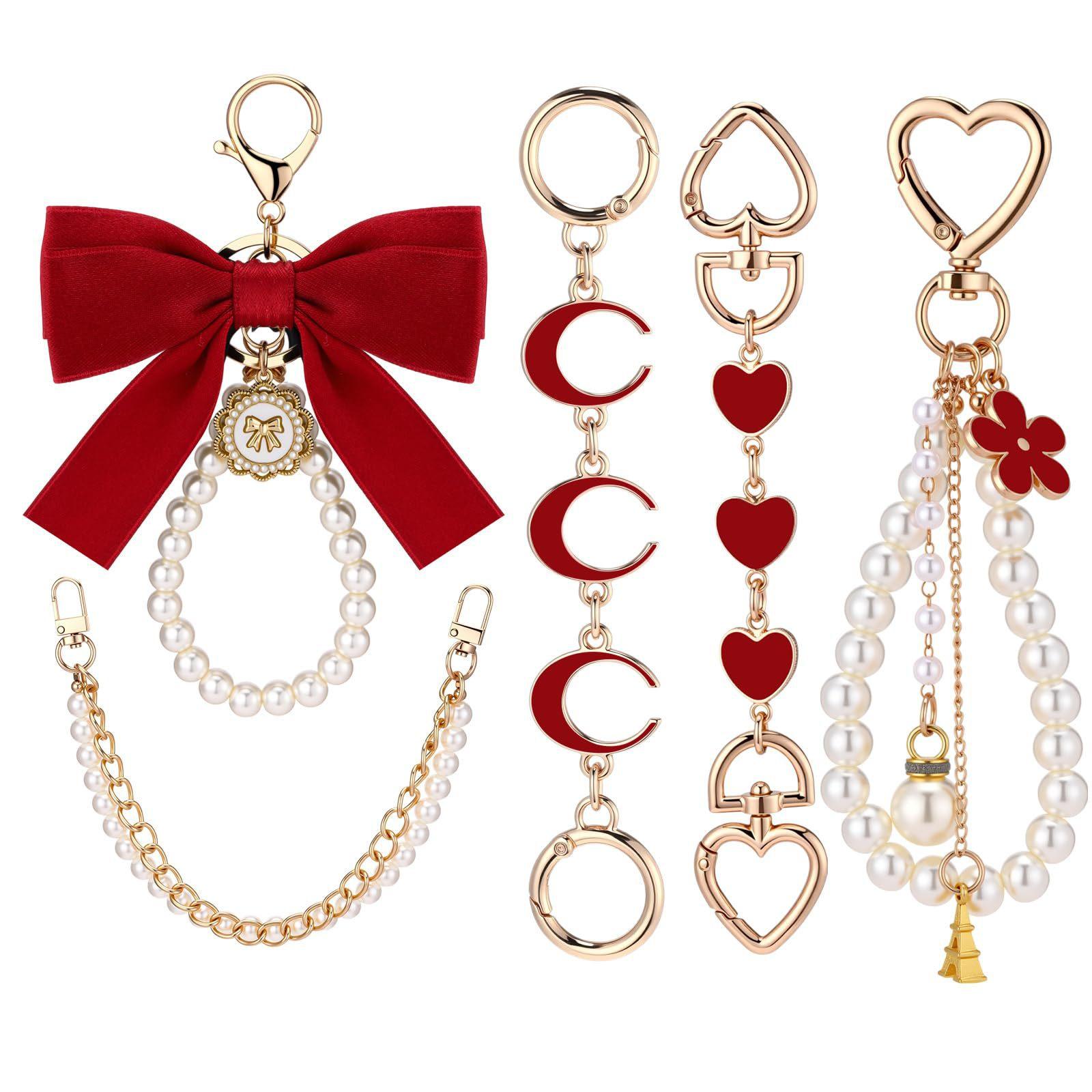 5 Pcs Bag Extender Chain Gold Pearl Purse Chain Ribbon Bow Keychain Extender Bag Strap Purse Charms Accessories for Handbag Y2K Aesthetic Bag Accessories Bag Charm Keychain Accessory Gifts for Women keychains for women