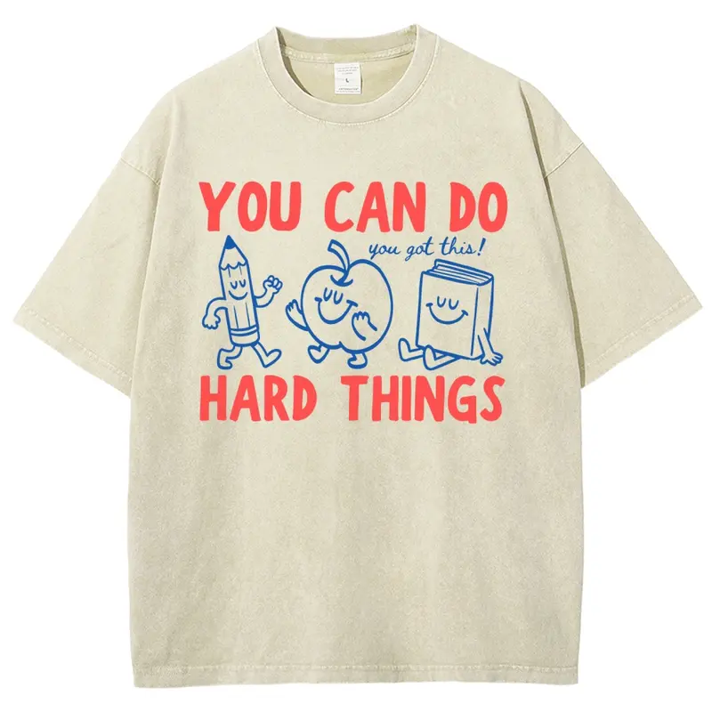 'You Can Do Hard Things' Shirt : Cute Retro Doodles 'You Got This!' Motivational Teacher Tee Unisex Graphict Washed T-Shirt Y2k Clothing Round Neck Washed T-Shirt,Women's Clothing 100% Cotton, Menswear, Top, Vintage Style,Summer Casual Oversized