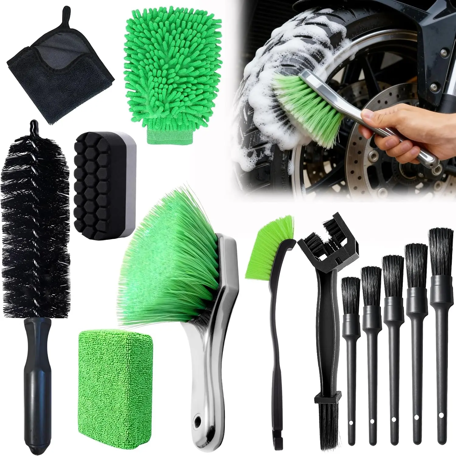 13PCS Motorcycle Cleaning Kit, Motorcycle Detailing Kit Overall Cleaner Tools Car Washing Brush Rims Cleaning Kit Chain Tire Wheel Brush Set Chain Tire for Car Bike Motorbike (Green)