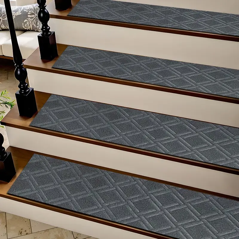 6/8/15 Piece Stair Mat Set, Stair Tread Rug, Deep Woven Rhombus Texture, Indoor Outdoor Non-Slip Carpet, Rubber Bottom, Ideal for Kids, Elderly, Pets