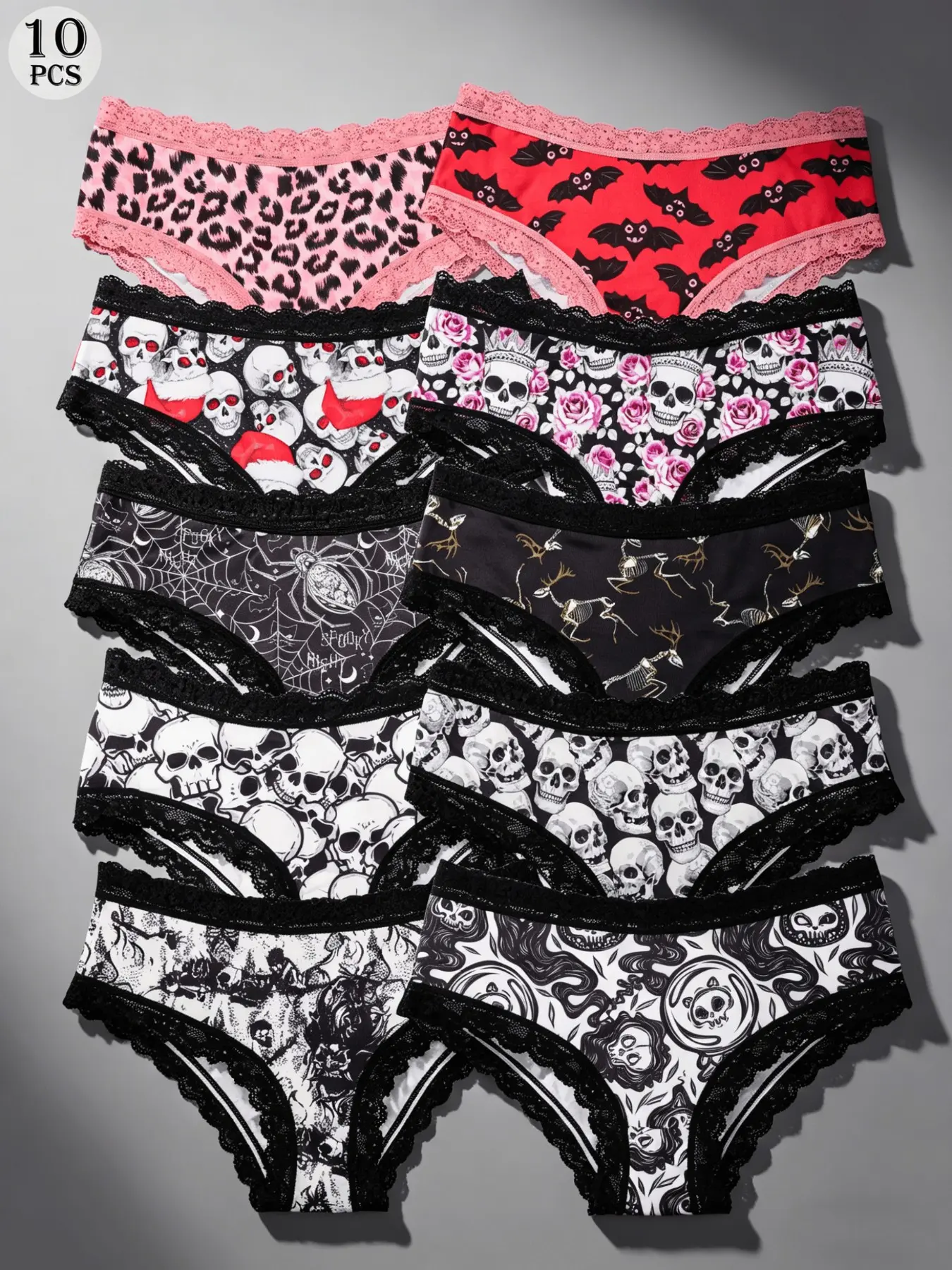 Morvia 10Pcs Y2K Gothic Low Waist Bikini Set for Women, Unique Design, Casual Style, Fitted, Random Print, All Seasons, 10 Pieces